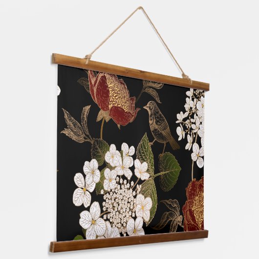 Elegante Chinoiserie Inspiriert Blumenblumen Wandteppich Mit Holzrahmen (Gewinkelt)