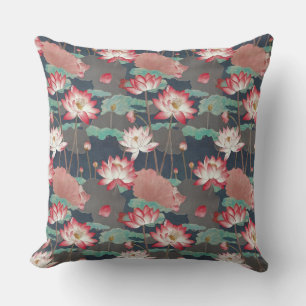 Elegante Chinoiserie-Lotus-Blumen in Rot und Braun Kissen