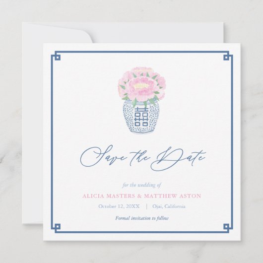 Elegante Chinoiserie Navy Blue Pink Spring Wedding Save The Date (Vorderseite)