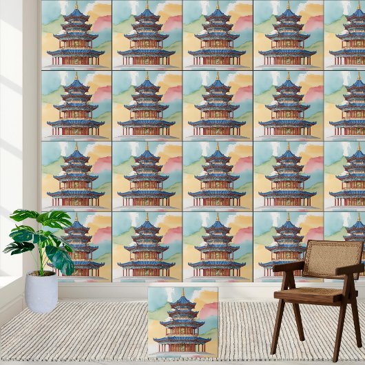 Elegante Chinoiserie Pagoda Tempel Fliese