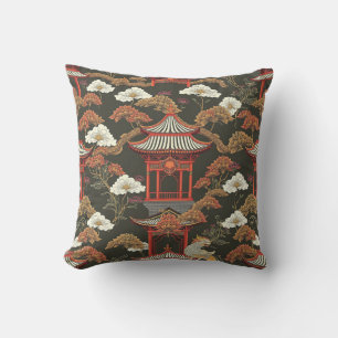 Elegante Chinoiserie-Pagode Schwarz Rot Kissen