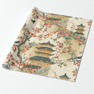 Elegante Chinoiserie - Pagoden, Blüten und Vögel Geschenkpapier