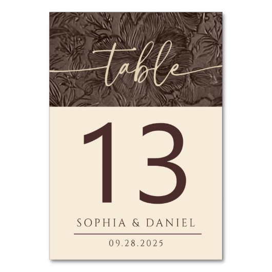 Elegante Chocolate Mocha Wedding Tischnummern Doub (Vorderseite)