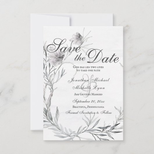 Elegante Christliche Hochzeit mit grauer Flora Save The Date (Vorderseite)