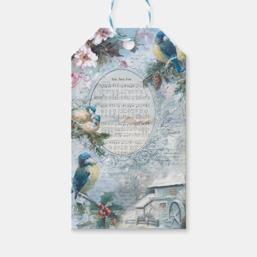 Elegante Christmas Bluebirds und Music Ephemera Geschenkanhänger (Vorderseite)
