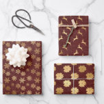 Elegante Christmas Gold Burgundy Kraft    Geschenkpapier Set<br><div class="desc">Elegante weihnachtliche Wrapping Paper Sheets mit drei verschiedenen Imitaten Goldmuster auf einem Kraft Papier burgundy Hintergrund. Schneeflocken,  Deers und Poinsettias Muster.</div>