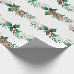 Elegante Christmas Holly Berry Pine Foliage Garlan Geschenkpapier