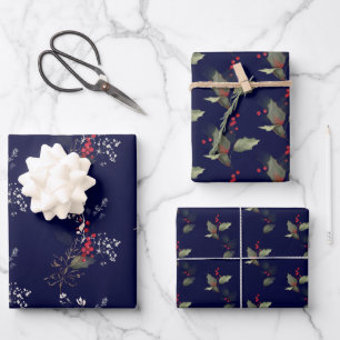 Elegante Christmas Holly Gold Green Red Berries Geschenkpapier Set