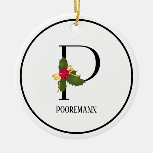 Elegante Christmas Holly Monogram Letter P Keramik Ornament (Vorne)
