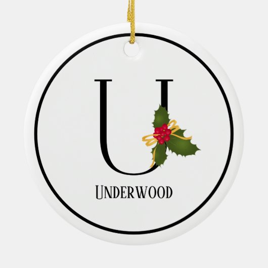 Elegante Christmas Holly Monogram Letter U Keramik Ornament (Hinten)