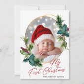 Elegante Christmas Holly Pine Foto Feiertagskarte (Vorderseite)