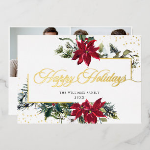 Elegante Christmas Poinsettia 2 Foto Gold Folien Feiertagskarte