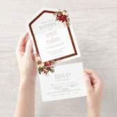 Elegante Christmas Red Damask Floral All-in-One-Einladung (Abreißstreifen)