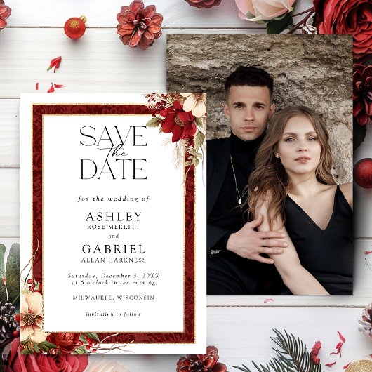 Elegante Christmas Red Damask Floral Save The Date