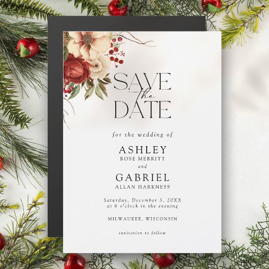 Elegante Christmas Red Damask Floral Save the Date Magneteinladung