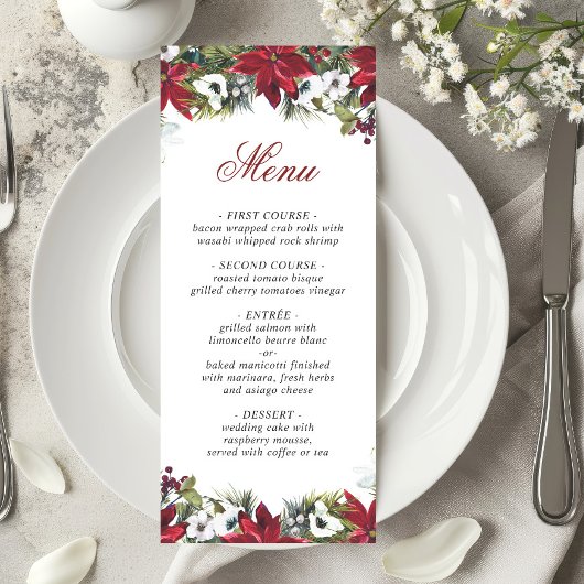 Elegante Christmas Red Poinsettia Wedding Menu Car Einladung