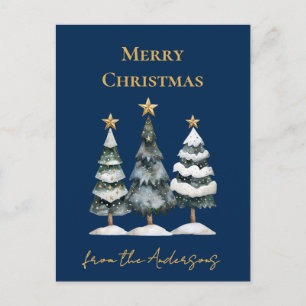 Elegante Christmas Trees Navy Blue Feiertagspostkarte