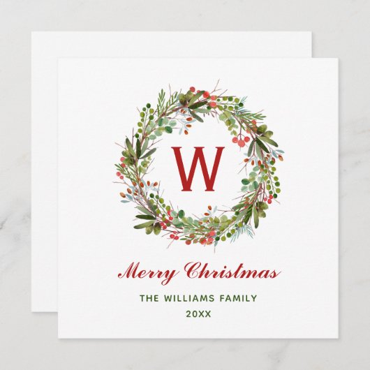 Elegante Christmas Wreath-Familie Karte (Vorne/Hinten)