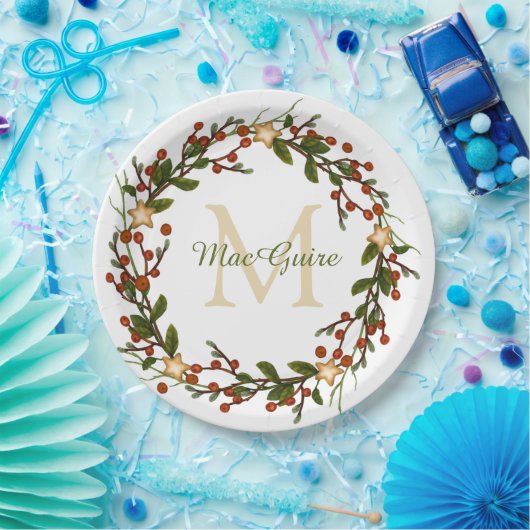 Elegante Christmas Wreath Monogram Pappteller (Party)