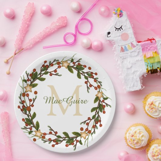 Elegante Christmas Wreath Monogram Pappteller (Party)