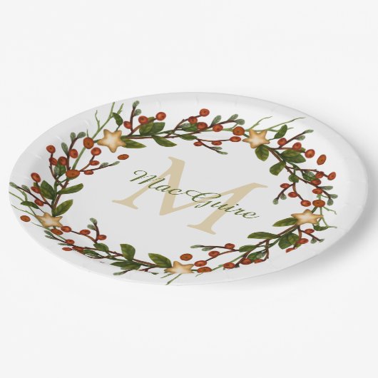 Elegante Christmas Wreath Monogram Pappteller (Schrägansicht)