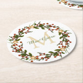 Elegante Christmas Wreath Monogram Runder Pappuntersetzer (Angewinkelt)