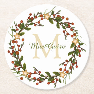 Elegante Christmas Wreath Monogram Runder Pappuntersetzer