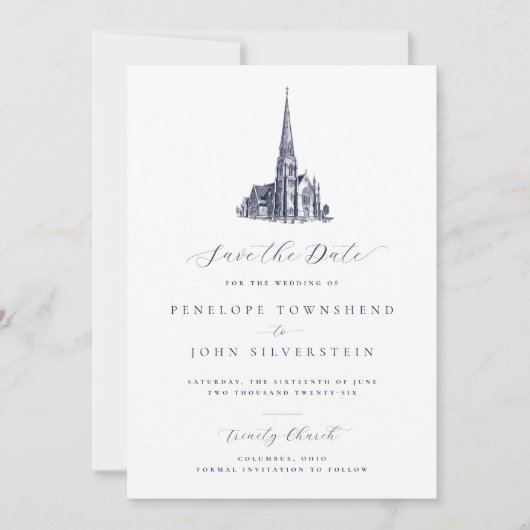 Elegante Church Illustration Formal Wedding Save The Date (Vorderseite)
