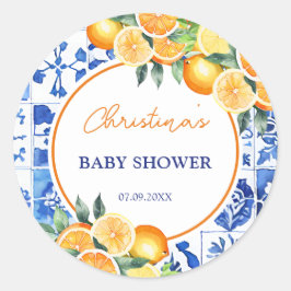 Elegante Citrus Blue Tiles Baby Dusche Runder Aufkleber