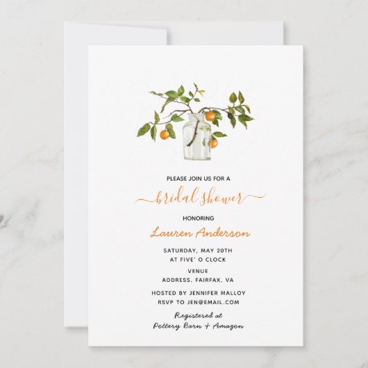 Elegante Citrus Bridal Duwer Einladung (Vorderseite)