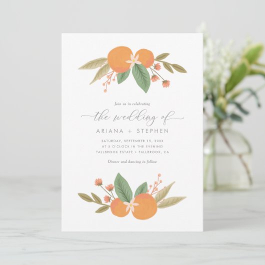 Elegante Citrus Orange Hochzeitsfeier Einladung (Stehend Vorderseite)