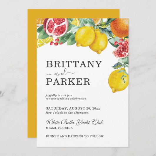 Elegante Citrus Watercolor Botanische Hochzeit Einladung (Vorne/Hinten)