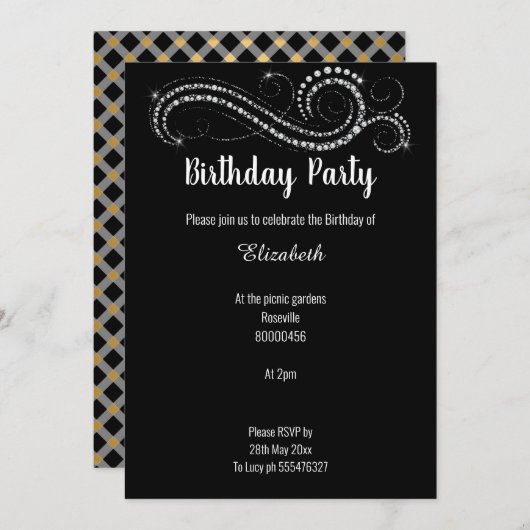 ELEGANTE CLASSIC BLACK GOLD DIAMOND INVITATION EINLADUNG (Vorne/Hinten)