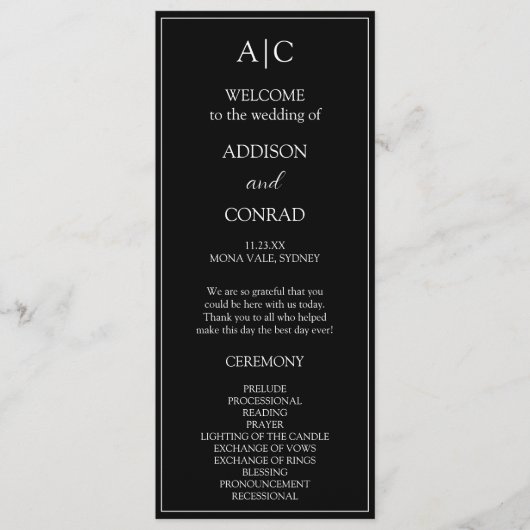 Elegante Classic Black Monogram Wedding Programm (Vorderseite)