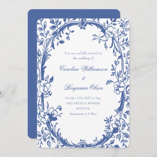 Elegante Classic Blue Country Blumenhochzeit Einladung (Vorne/Hinten)