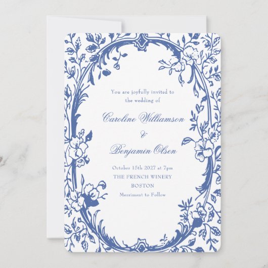 Elegante Classic Blue Country Blumenhochzeit Einladung (Vorderseite)