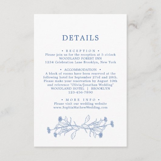 Elegante Classic Blue Floral Wedding Details Begleitkarte (Vorderseite)
