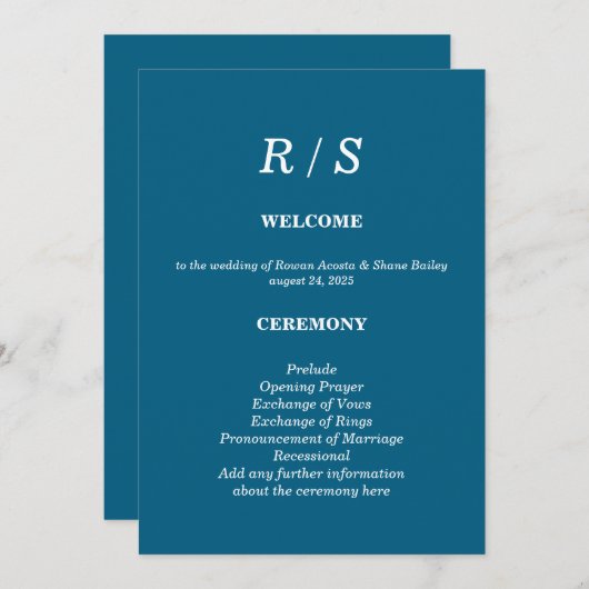 Elegante Classic Blue Monogram Wedding Program Car Programm (Vorne/Hinten)
