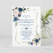 Elegante Classic Blue Pink Blume Gold Wedding Einladung (Stehend Vorderseite)
