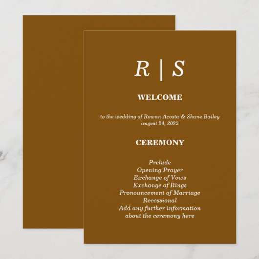 Elegante Classic Brow Monogram Wedding Program Car Programm (Vorne/Hinten)