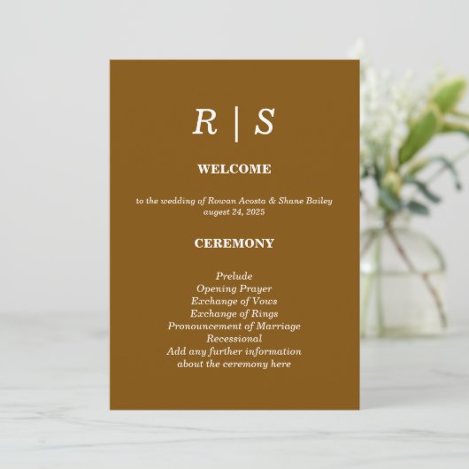 Elegante Classic Brow Monogram Wedding Program Car Programm (Stehend Vorderseite)