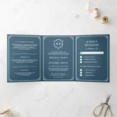 Elegante Classic Dusty Blue Monogram Wedding Dreifach Gefaltete Einladung (Innenseite)