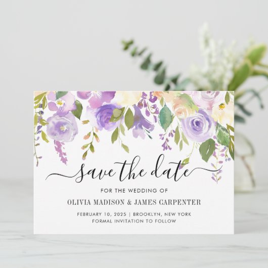 Elegante Classic Dusty Lila Violet Floral Wedding Save The Date (Stehend Vorderseite)