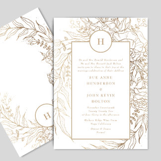 Elegante Classic Gold Foil Monogram Wreath Wedding Einladung