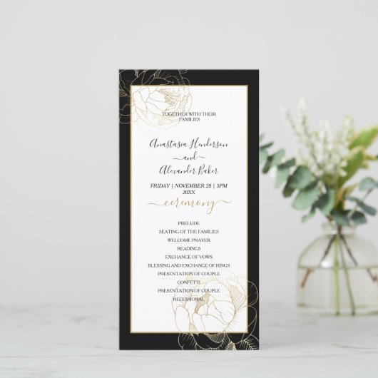 Elegante Classic Gold Rose Wedding Program Karte. (Stehend Vorderseite)
