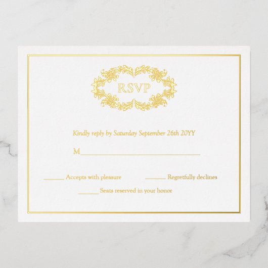 Elegante Classic Gold Wappen Monogram RSVP Cards Folie Einladungspostkarte (Vorderseite)