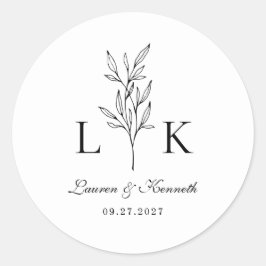 Elegante Classic Leaf Monogram Wedding Runder Aufkleber