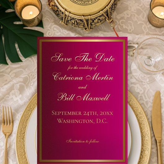 Elegante Classic Magenta und Gold Save the Date Folieneinladung