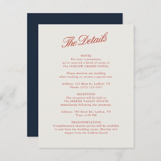 Elegante Classic Red & Ivory Wedding Details Card Einladung (Vorne/Hinten)