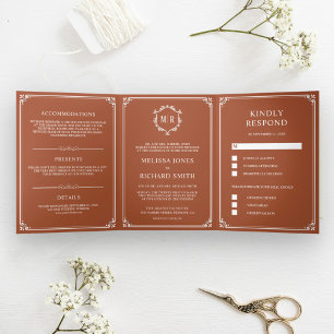 Elegante Classic Terracotta Monogram Wedding Dreifach Gefaltete Einladung